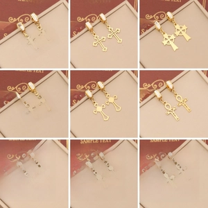 Cross Drop Hoop Earrings Stainless Steel With Zircon Rhinestone Religious Ankh Dangle Jewelry For Women