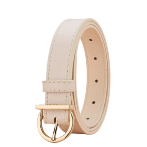 Detail view of beige leather belt with a golden half-round pin buckle and fine stitching