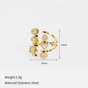Bague irrégulière géométrique en acier inoxydable doré avec zircon et dimensions