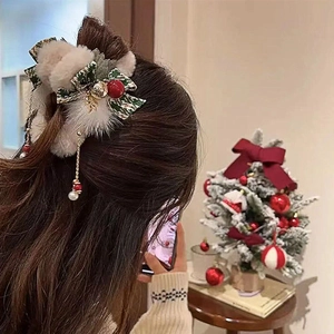 Christmas plush shark hair claw clip with bell tassels and velvet bow for women