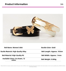 Detail of sweet butterfly buckle on thin PU leather belts for women in black and white