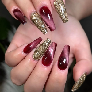 Press On Nails ABS Wine Red Cat Eye Glitter Coffin Ballerina Shape Vintage Elegant Full Cover False Finger Nails