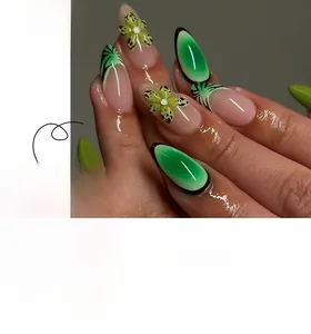 Detail of almond-shaped nails with 3D floral accents and green gradient art