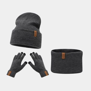 Knit Beanie Neck Warmer Touchscreen Gloves Winter Warm Acrylic Ribbed Leather Label Retro For Men Women