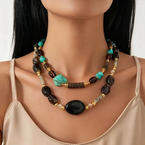 Bohemian double-layer beaded necklace featuring turquoise and black oval stones