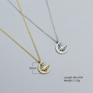 S925 sterling silver star and crescent moon pendant necklace with cubic zirconia