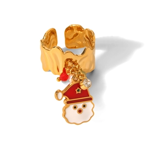 Golden Christmas ring with Santa Claus charm, red bead and crystal on white background