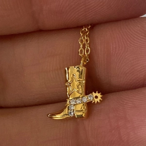 Western Cowboy Boot Pendant Necklace Copper Gold Plated With Zircon Star Spur Detail Vintage Retro Jewelry For Women