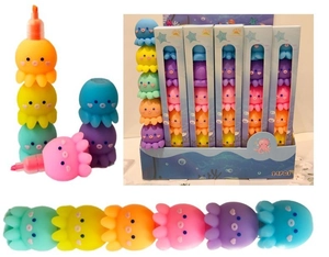 Close-up of octopus-shaped highlighters in a 24-piece retail display box