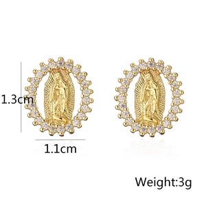 Detail view of gold geometric earrings with Virgin Mary relief and white zircon inlay
