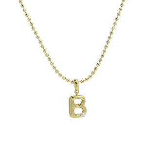 18k gold plated bubble letter B necklace with pearl accent on a ball chain