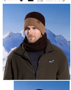 Winter knit beanie and neck warmer set with thermal fleece lining on snowy mountain background