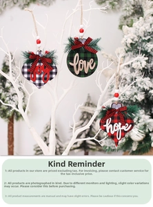 Three-piece buffalo plaid Christmas ornaments with 'Joy', 'Love', and 'Hope' text on branches