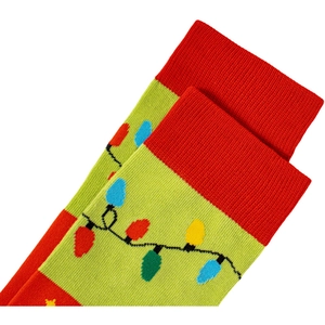 Detail of Christmas knit socks featuring vibrant festive light bulb patterns in bold colors