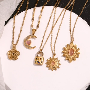 18K gold plated stainless steel necklaces with pink stone and crescent moon pendants