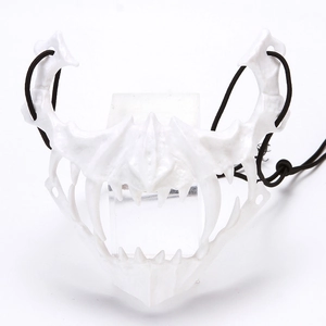 Detailed view of a white skeletal half-face mask with adjustable black elastic strap