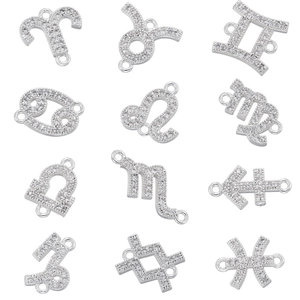 Set of 12 silver zodiac sign charms with micro-pave crystals for DIY jewelry