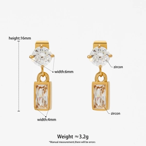 Detailed size and weight specs for gold rectangle zircon earrings with dimensions