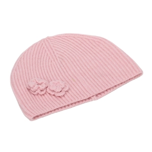 Close-up of pink ribbed knit beanie featuring handmade crochet flower details
