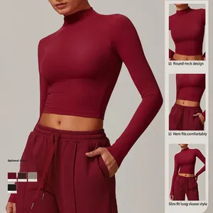 Slim fit burgundy long sleeve sports top with high round neck and cropped hem for yoga