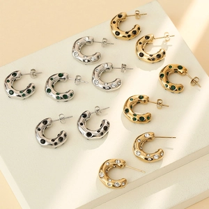 Stainless Steel C-Shape Hoop Earrings With Inlaid Cubic Zirconia Minimalist French Vintage Style Ear Studs For Women