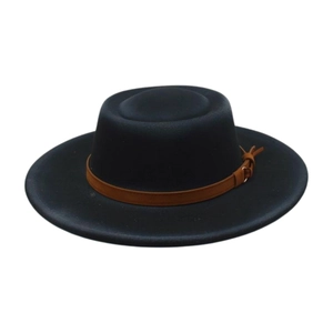 Detail view of black wool fedora hat featuring a brown leather band and metal buckle strap