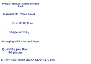 Specifications of jewelry organizer made of PP and wood measuring 20x10x19cm and 185g