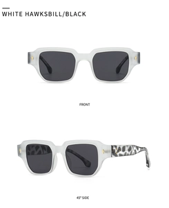 Front and 45-degree side view of square white tortoise frame sunglasses with dark lenses