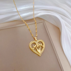Elegant gold titanium MOM heart pendant necklace with rhinestones on white silk fabric