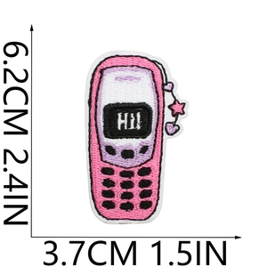 Detail of pink retro phone embroidery patch with Hi text and precise size measurements