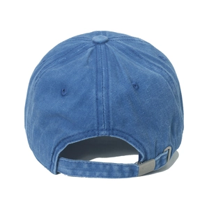 Close-up of adjustable metal buckle and vintage washed fabric on sky blue baseball cap
