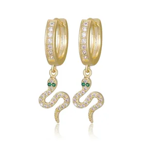 Elegant 18k gold-plated snake earrings with sparkling crystals and green gem eyes