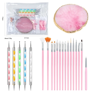 Set de 21 pinceaux nail art rose avec palette en résine et stylo pointilleur de manucure