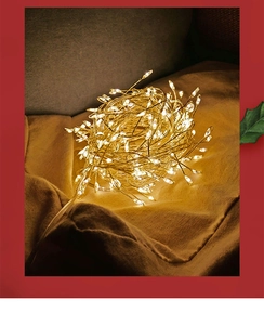 Macro detail of warm white LED cluster lights on soft beige fabric for holiday decor