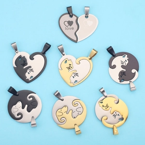 Stainless Steel Splicing Pendants Cartoon Cat Dog Animal Shape Heart Round DIY Jewelry Findings Couple Friendship Gift