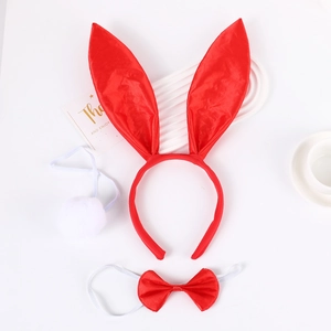 Three-piece red bunny ear headband set with matching satin bowtie and plush white tail
