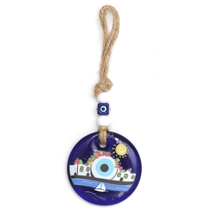 Blue glass evil eye charm featuring painted seaside scenery with hemp rope hanging