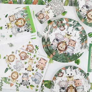 Detailed jungle theme party set with paper plates, cups and safari animal patterns