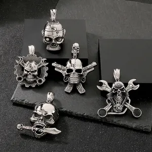 Skull Pendant Necklace Stainless Steel Gothic Punk Biker Mechanical Double Gun Wrench Dagger Design For Men