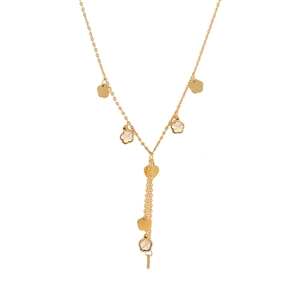 Elegant gold Y-shaped fringe necklace with daisy flower and heart iridescent pendants