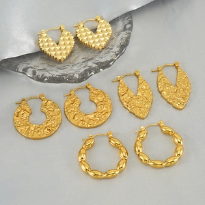 Vintage Heart Geometric Hoop Earrings Stainless Steel 18K Gold Plated Hammered Textured Fashion Jewelry For Women
