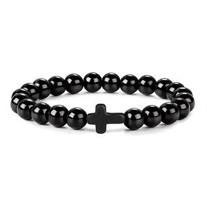 Men's black beaded bracelet featuring natural tiger eye and a matte cross pendant