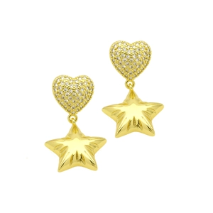 Detail view of gold heart stud earrings with zircons and hanging five-pointed star pendant