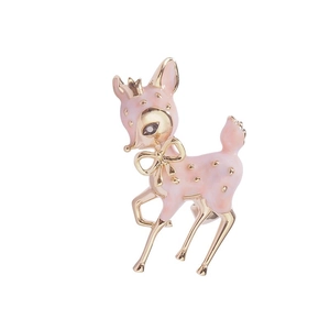 Cute pink deer brooch with gold crown and enamel finish for women suits and coats