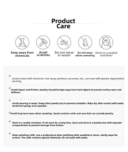 Care guide for S999 silver earrings showing maintenance tips on a clean white background