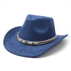 Dark blue suede cowboy hat with wide brim and evil eye bead braided rope decoration