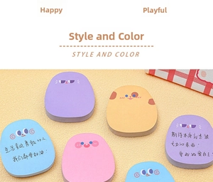 Close-up of cute cartoon animal sticky notes in pastel colors with hand-drawn expressions