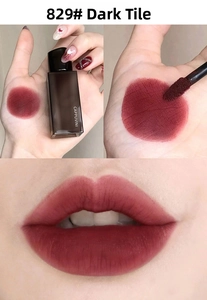 Detailed velvet matte swatch and lip application of brick red lipstick shade 829