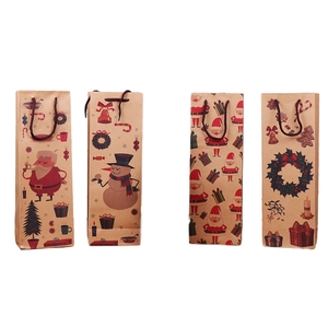 Four Christmas kraft paper wine gift bags with cartoon Santa and snowman holiday designs