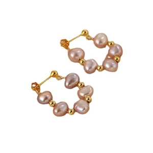 Baroque irregular purple pearl earrings with gold bead accents on a white background